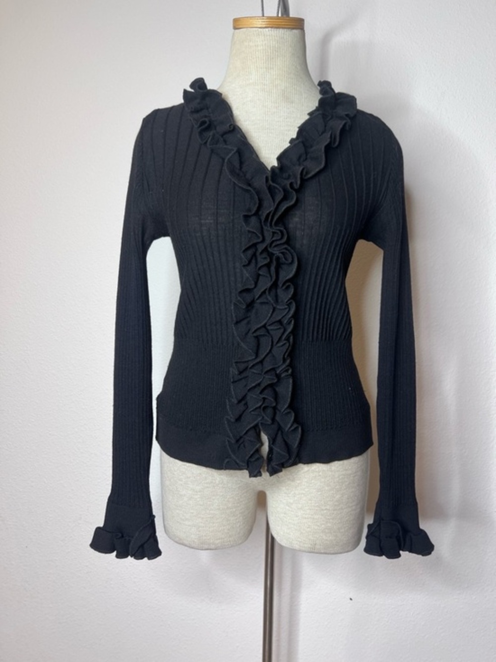 Anne Fontaine Black Ruffle-Trim V-Neck Cardigan